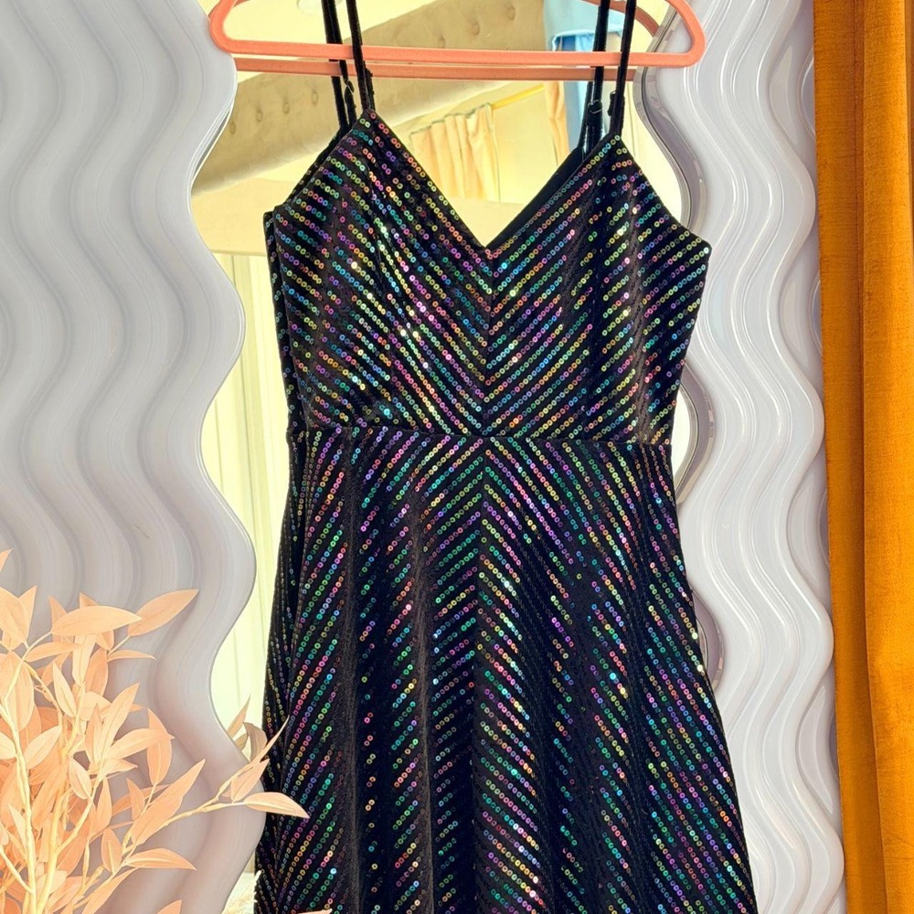 Cosmopolitan x Dress the Population Rainbow Sequin Midi Dress Black Multi Size L
